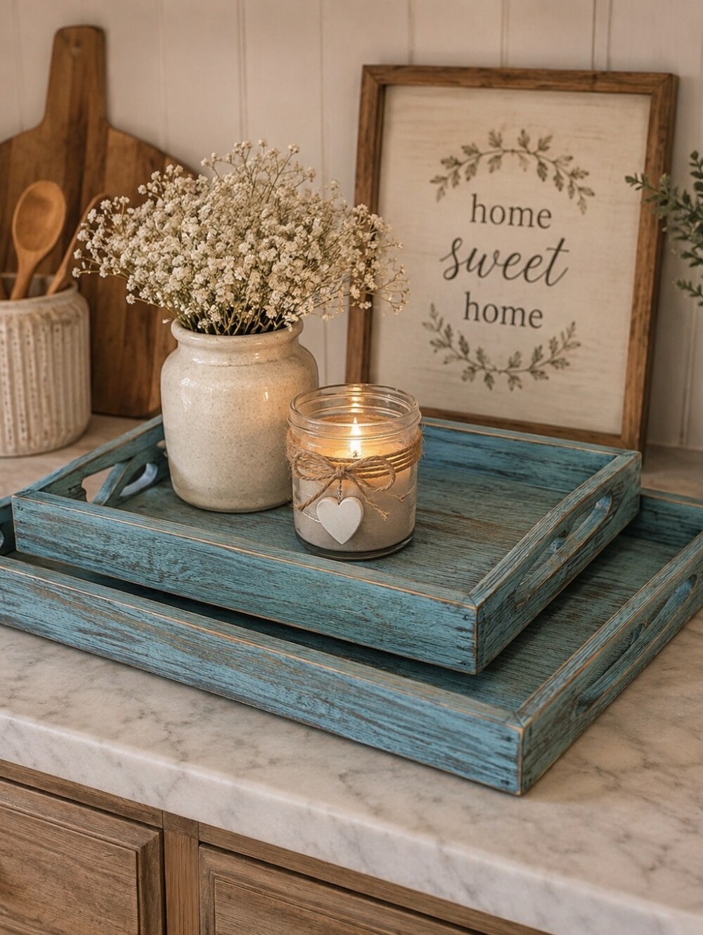 ❤️2/$20❤️Rustic Teal Wooden Serving Tray Set - Farmhouse Style